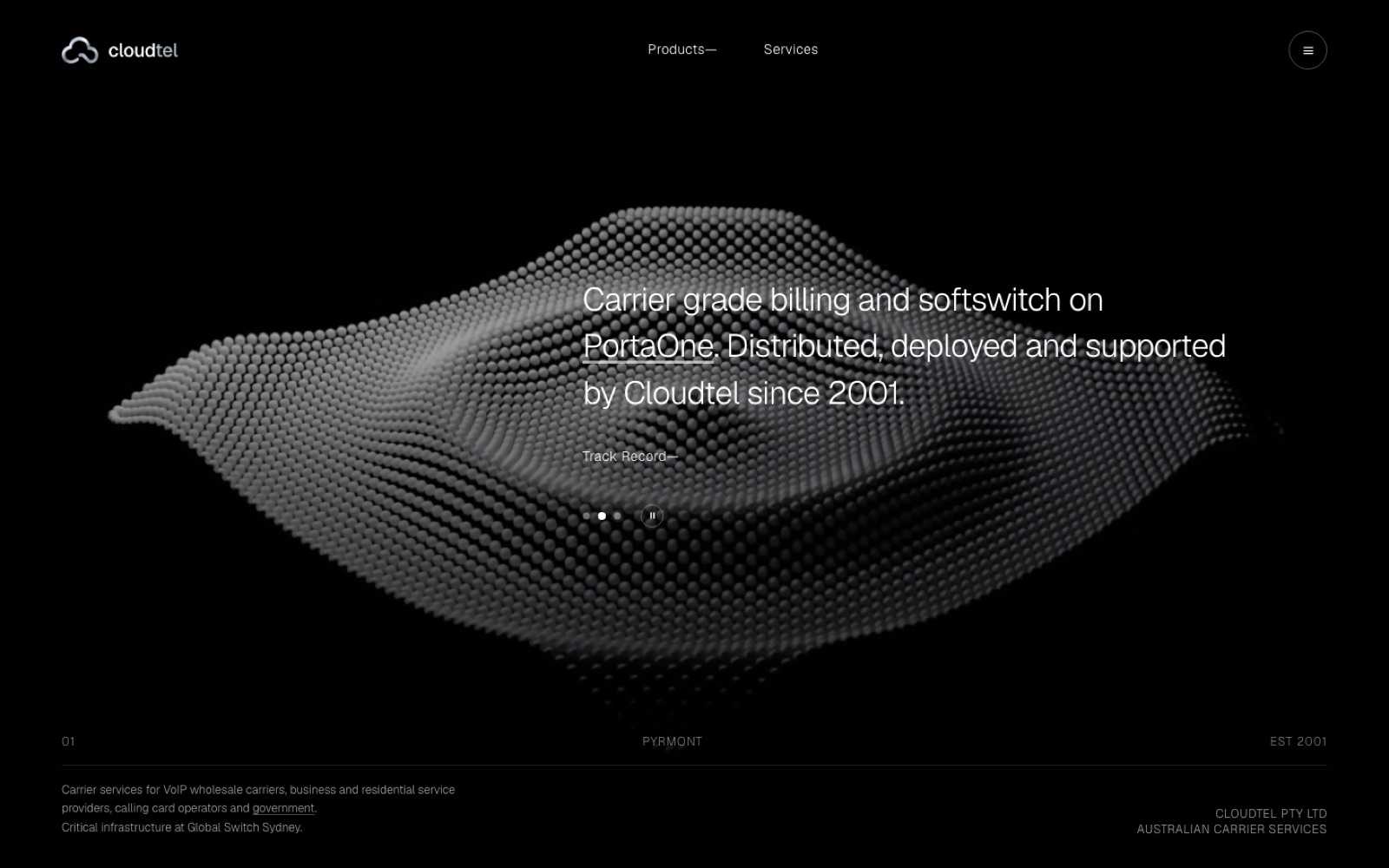 The rebuilt Cloudtel homepage: a live particle field and carrier-grade positioning