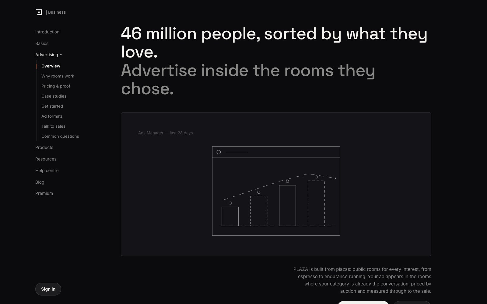 PLAZA — a studio concept: the ad-products page for a social platform