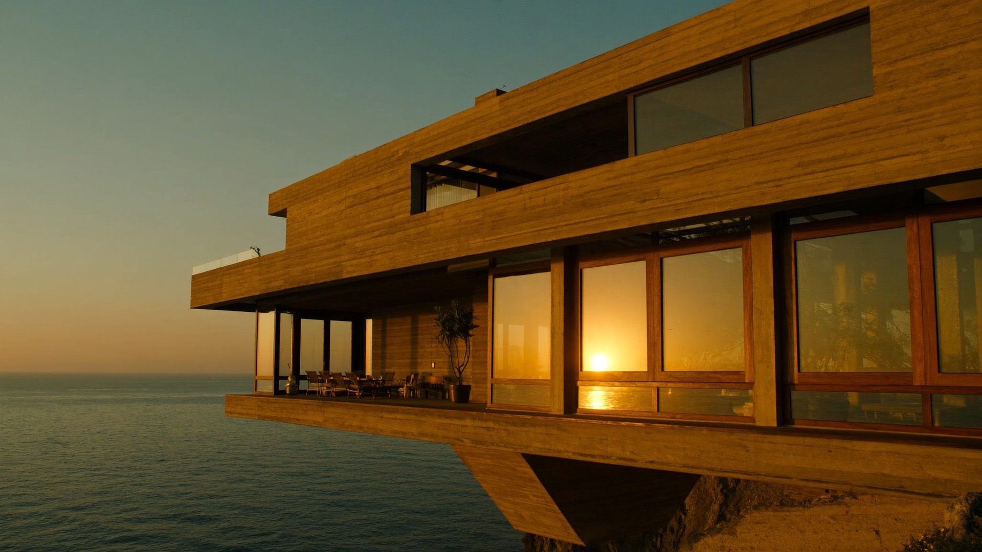 Cantilevered clifftop house projecting over the ocean at golden hour